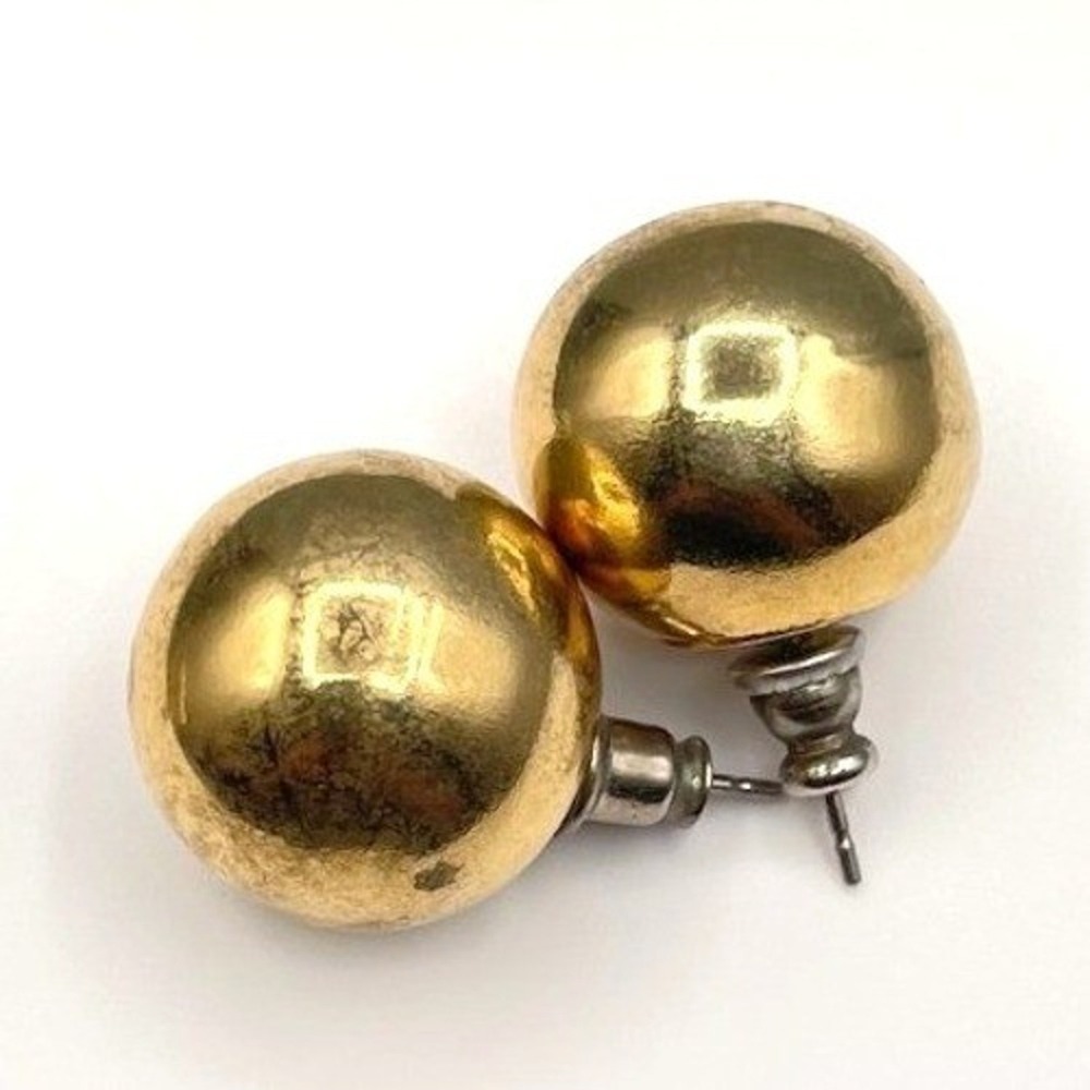 Vintage Gold Tone Chunky Ball Stud Earrings Shiny Sphere Post Back Style Retro